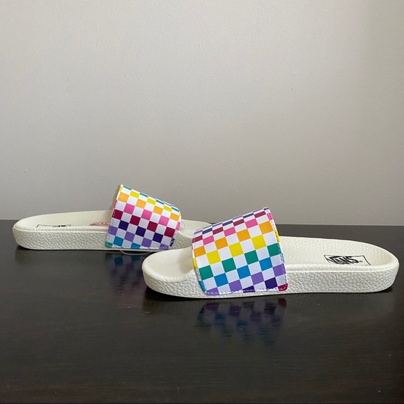 vans rainbow checkerboard slides
